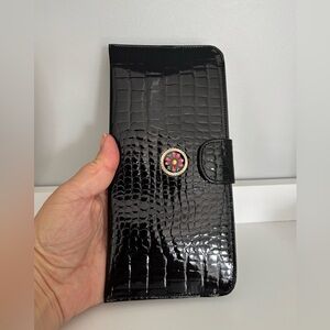 Fioccni Italian Black Croc-Texture Wallet with Floral Accent